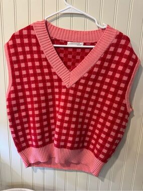 Anthropologie Pink & Red Checked V-Neck Sweater Vest